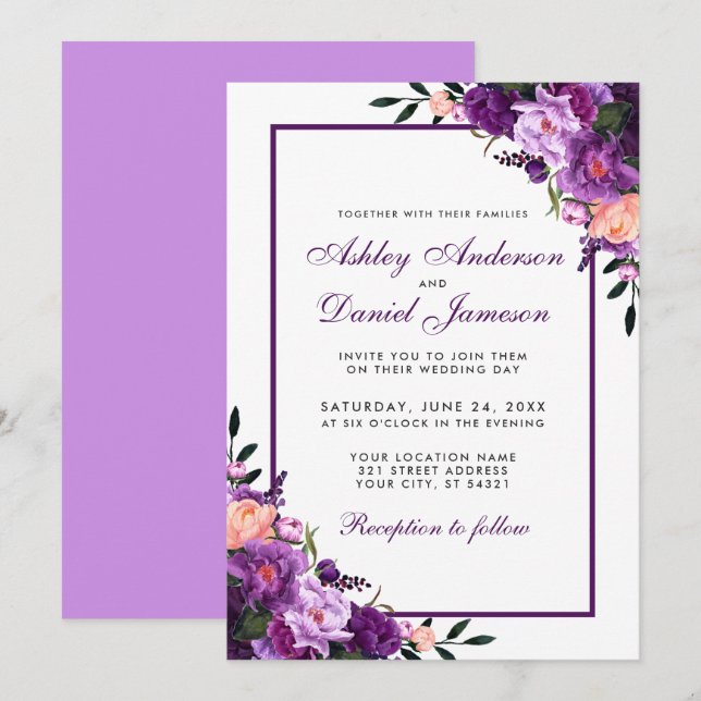 Purple Ultra Violet Floral Wedding Invitation V (Front/Back)