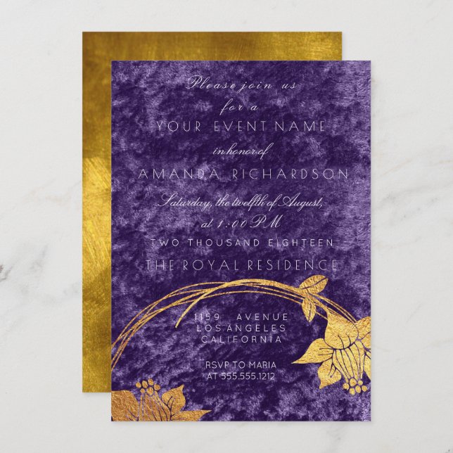 Purple Ultra Violet Gold Floral Wreath Velvet Plum Invitation (Front/Back)