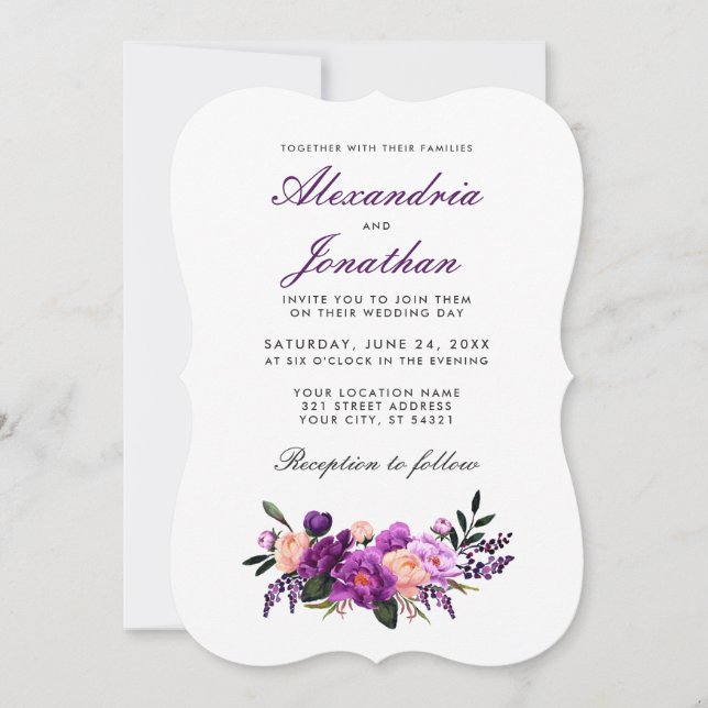 Purple Ultra Violet Watercolor Floral Wedding BG Invitation (Front)