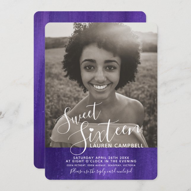 Purple ultraviolet modern art sweet sixteen photo invitation (Front/Back)