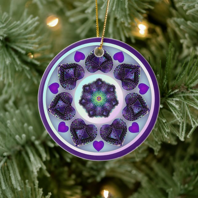 Purple umbrella & hearts .7 ceramic ornament (Tree)