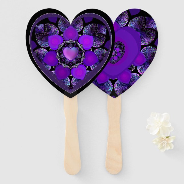 Purple umbrella & hearts .7 hand fan (Front and Back)