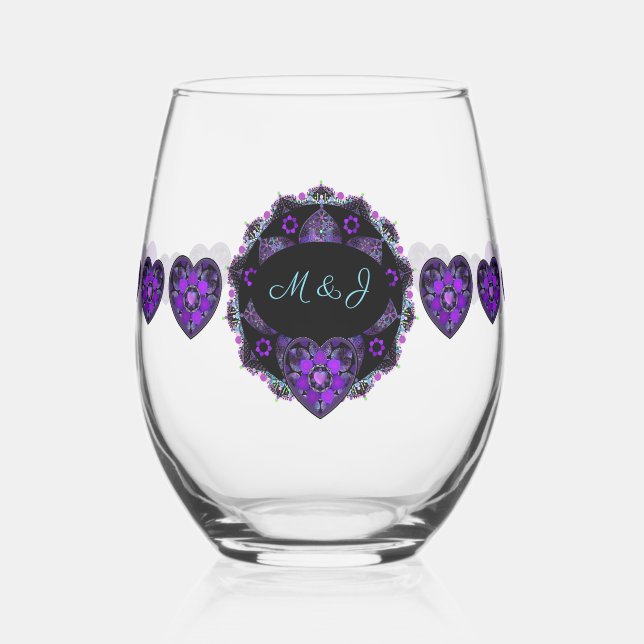 Purple umbrella & hearts .7 stemless wine glass (Left)