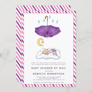 Purple umbrella, sleeping baby girl shower by mail invitation