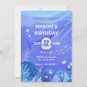 Purple under the sea creatures birthday  invitation