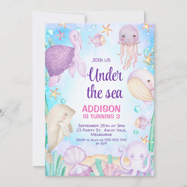 Purple Under The Sea Creatures Critters Birthday Invitation (Front)