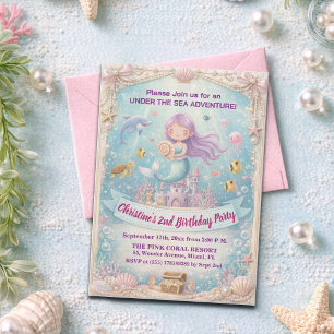Purple Under the Sea Mermaid 2nd Birthday Party Invitation