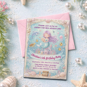 Purple Under the Sea Mermaid 5th Birthday Party Invitation