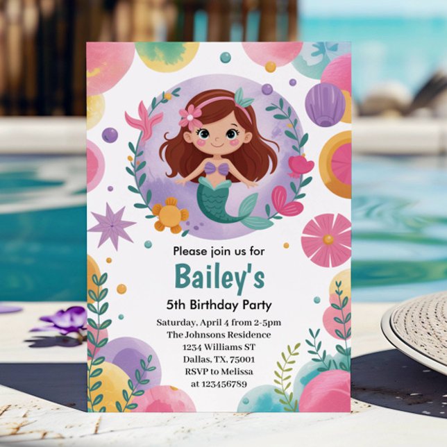 Purple Under The Sea Mermaid 5th Birthday Party Invitation (Creator Uploaded)
