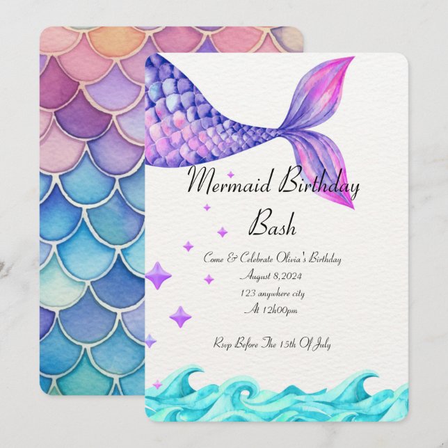 PURPLE UNDER THE SEA MERMAID INVITATION FOR GIRLS (Front/Back)