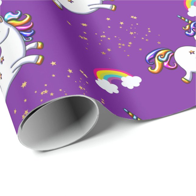Purple Unicorn and Golden Stars Wrapping Paper (Roll Corner)