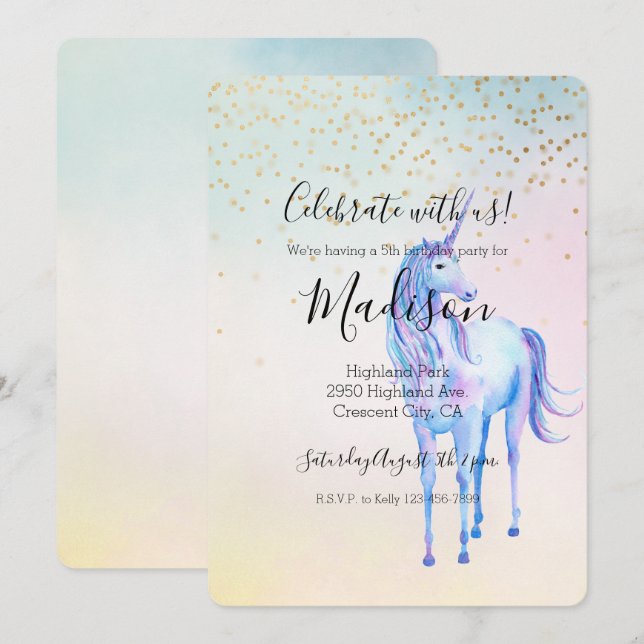 Purple Unicorn Aqua Pink Yellow Gold Confetti Invitation (Front/Back)