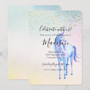 Purple Unicorn Aqua Pink Yellow Gold Confetti Invitation