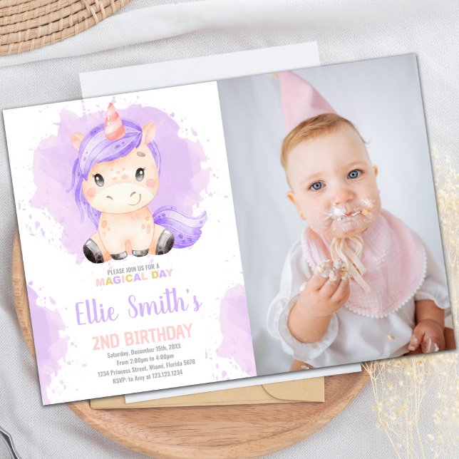 Purple Unicorn Birthday Invitation with Photo (Purple Color Unicorn Birthday Invitations w photo)