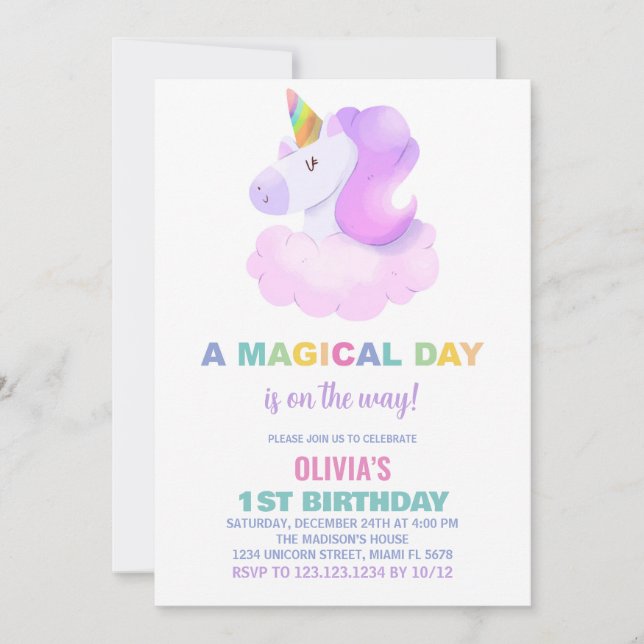Purple Unicorn Birthday Invitations (Front)