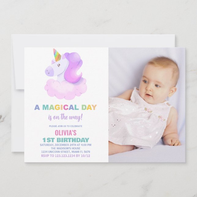 Purple Unicorn Birthday Invitations with photo (Front)