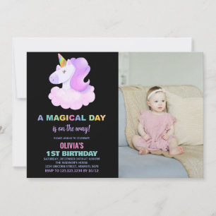 Purple Unicorn Birthday Invitations with photo