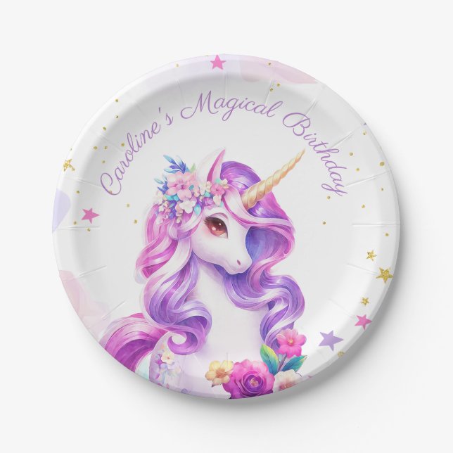 Purple Unicorn birthday Party Paper Plates (Front)