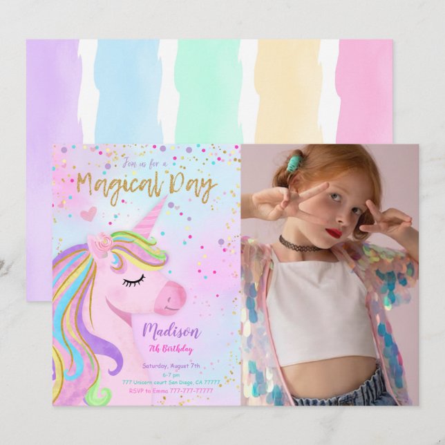 Purple Unicorn Birthday Photo Invitation (Front/Back)