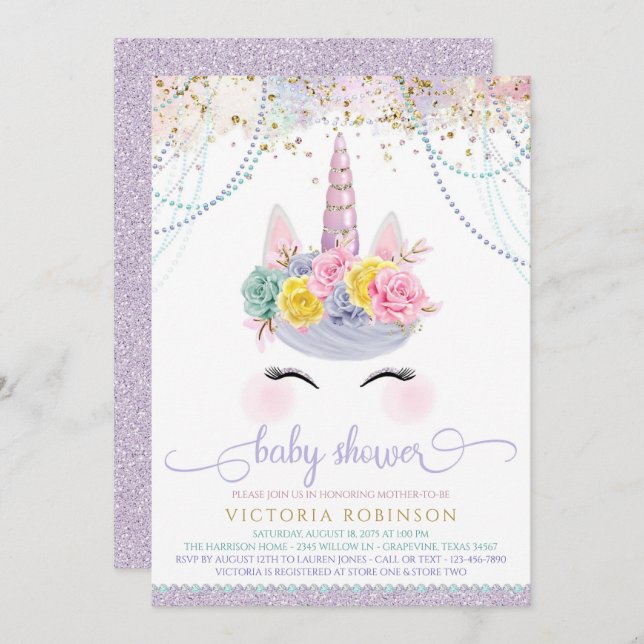 Purple Unicorn Girl Baby Shower Invitation (Front/Back)