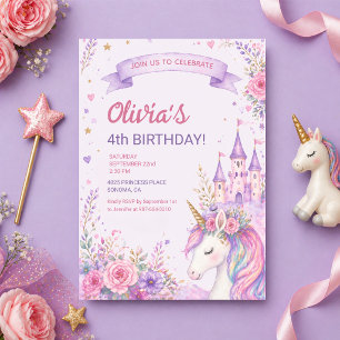 Purple Unicorn Girls 4th Birthday Invitation