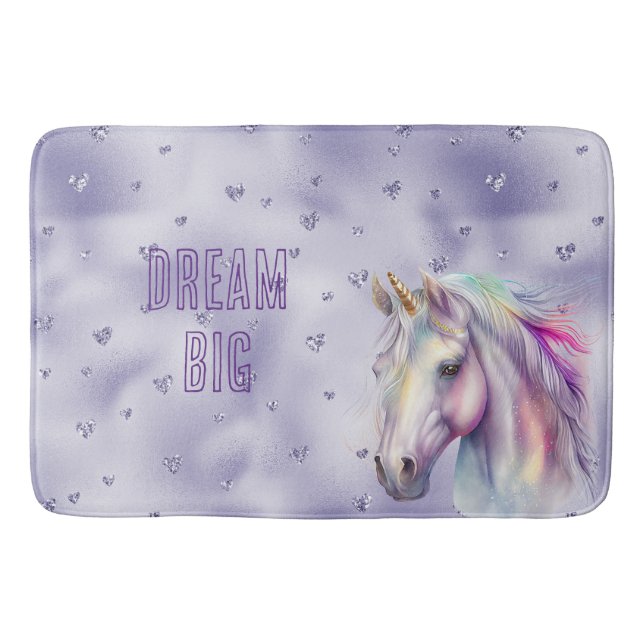 Purple Unicorn Glitter Hearts Dream Bath Mat (Front)
