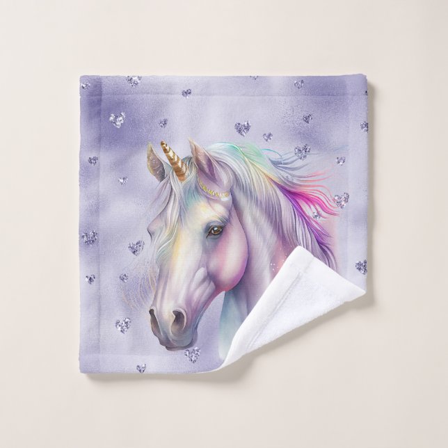 Purple Unicorn Glitter Hearts Wash Cloth (Wash Cloth)