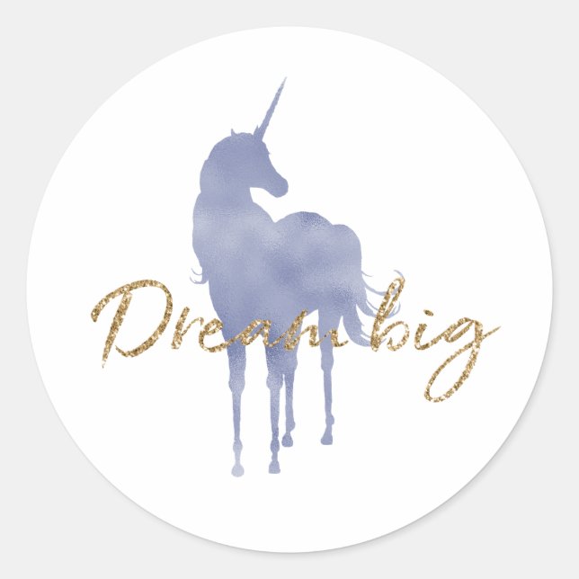 Purple Unicorn Gold Glitter Dream Big Sparkle Classic Round Sticker (Front)