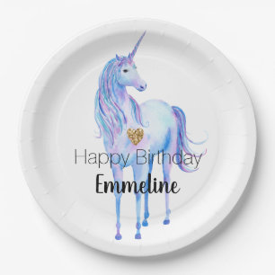 Purple Unicorn Gold Glitter Heart personalized Paper Plate