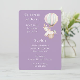 Purple Unicorn Hot Air Balloon Birthday Invitation