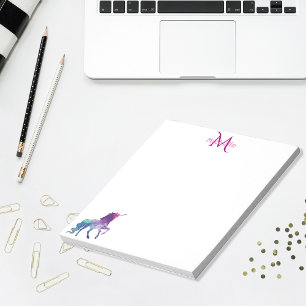 Purple unicorn on white monogrammed notepad