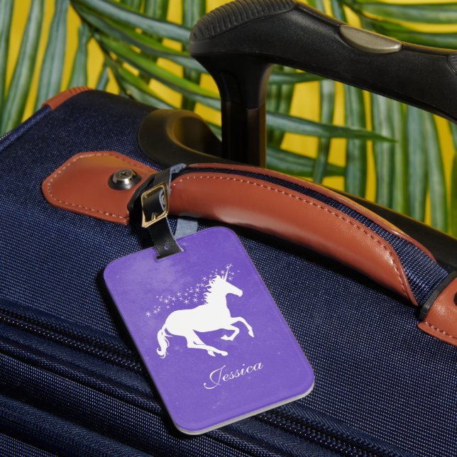 Purple Unicorn Personalised Luggage Tag (Front Insitu 1)