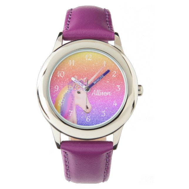 Purple Unicorn Rainbow Glitter Personalised Watch (Front)