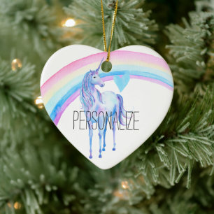 Purple Unicorn Rainbow Heart Ceramic Ornament