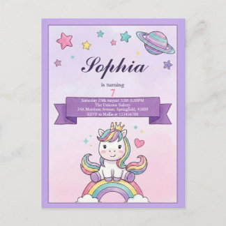 Purple Unicorn Rainbow Kids Birthday Invitation | Postcard