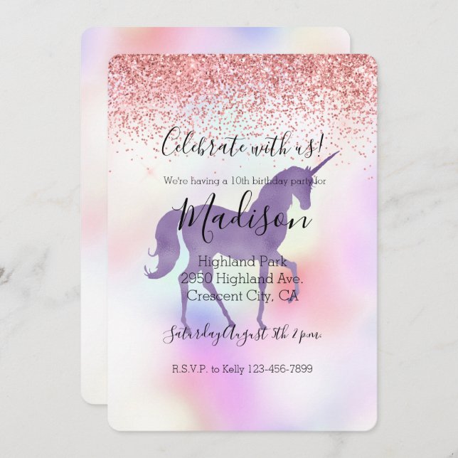 Purple Unicorn Rainbow Pink Glitter Sparkle Invitation (Front/Back)