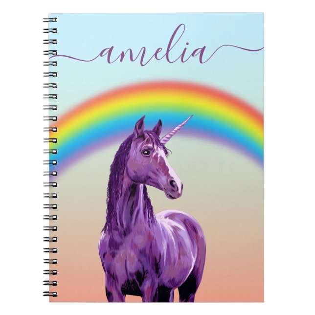 Purple Unicorn & Rainbow Pretty Calligraphy Name   Notebook (Front)