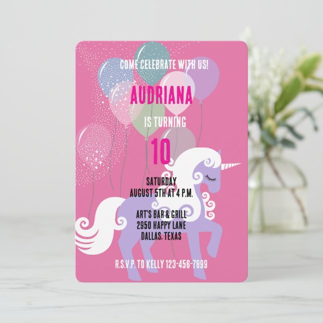 Purple Unicorn Stars Birthday Invitation (Standing Front)