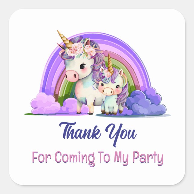Purple Unicorn Thank You Square Sticker (Front)