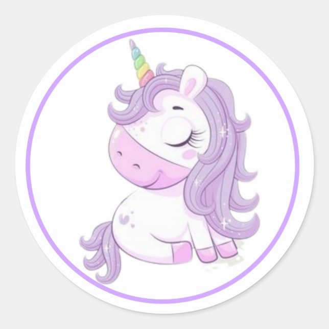 Purple Unicorn with Purple Frame  Classic Round Sticker (Front)