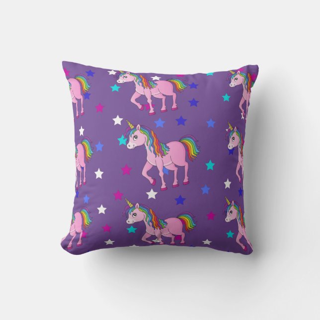 Purple Unicorns & Star Print Throw Pillow (Front)