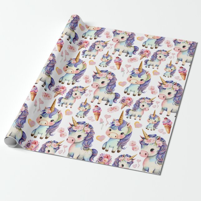 Purple Unicorns Wrapping Paper (Unrolled)