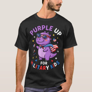 Purple Up for Military Kids Dinosaur American Flag T-Shirt