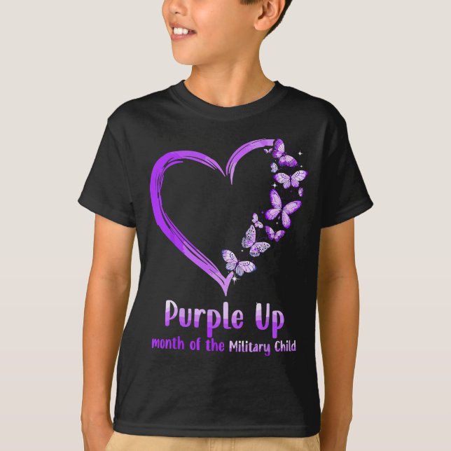 Purple Up Military Child Month Heart Butterfly T-Shirt (Front)