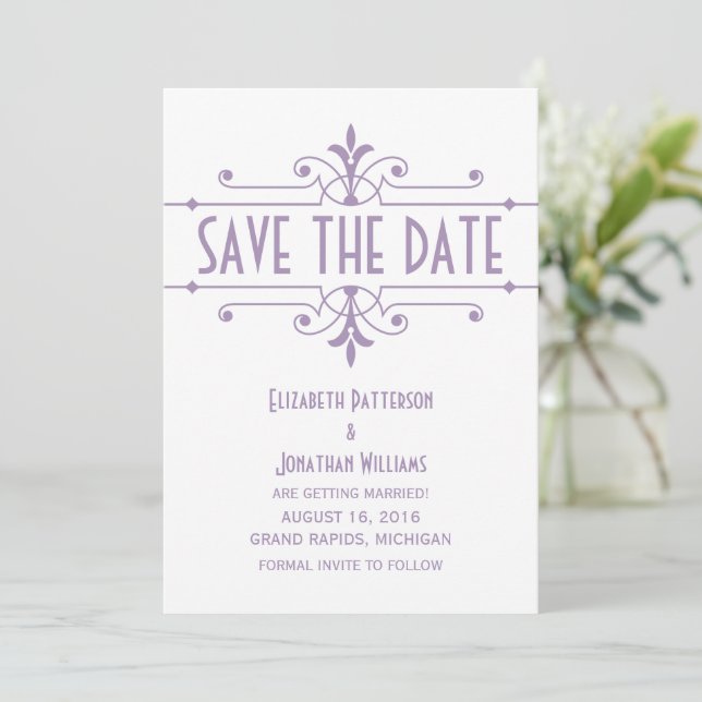 Purple v2 Fancy Ornamental Save the Date Invite (Standing Front)