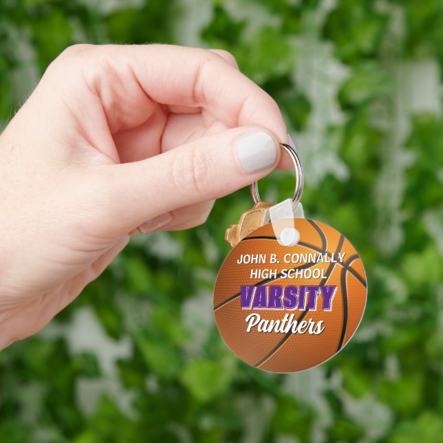 Purple Varsity Basketball Custom High School Key Ring (Hand)