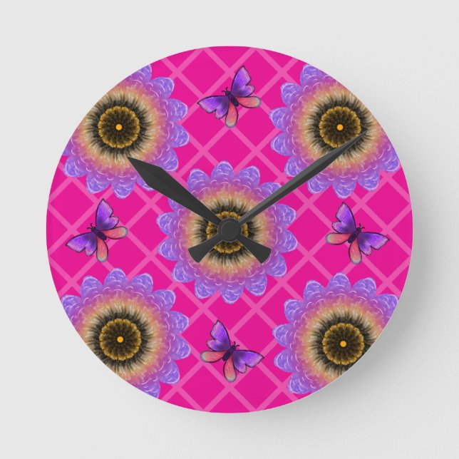 Purple Velvet Sunflower & Butterfly Pattern Round Clock (Front)