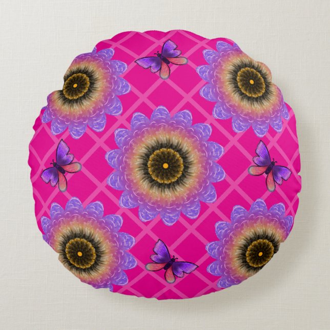 Purple Velvet Sunflower & Butterfly Pattern Round Cushion (Front)