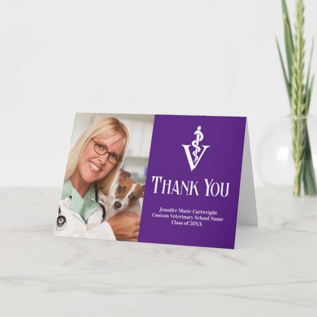 Purple Veterinary School Graduation Photo Custom Thank You Card (Front)