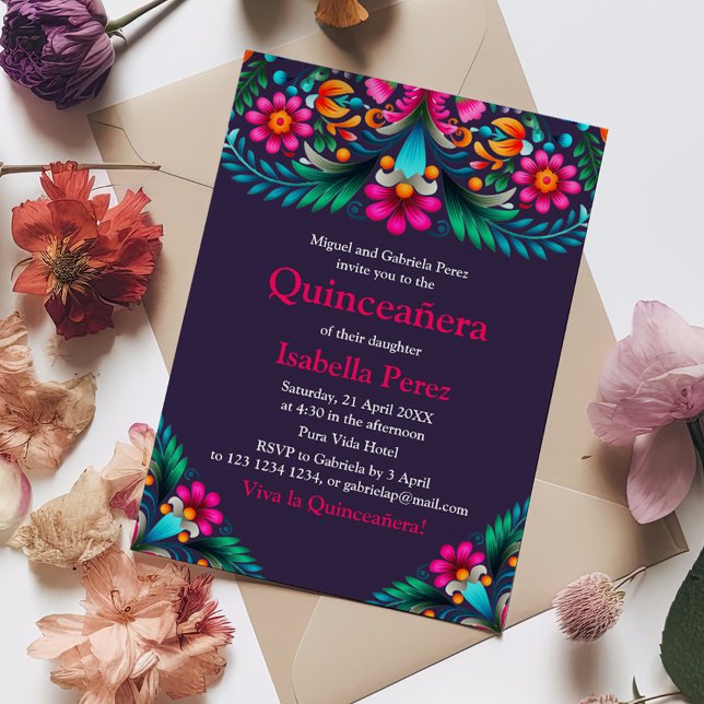 Purple Vibrant Floral Quinceanera Mexican Fiesta Invitation (Purple Vibrant Floral Quinceanera Mexican Fiesta Invitation on a table with colorful flowers.)